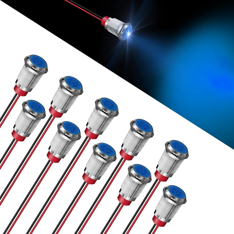 FICOLPO 10 Pcs LED Metal Waterproof Indicator Light, 12-24V 0.47-inch Mounting Hole Pre-Wired Pilot Signal Light for Car, Trucks, Boats, Marine, Dash, Industrial Electricity (Blue, 12mm) - Image 1